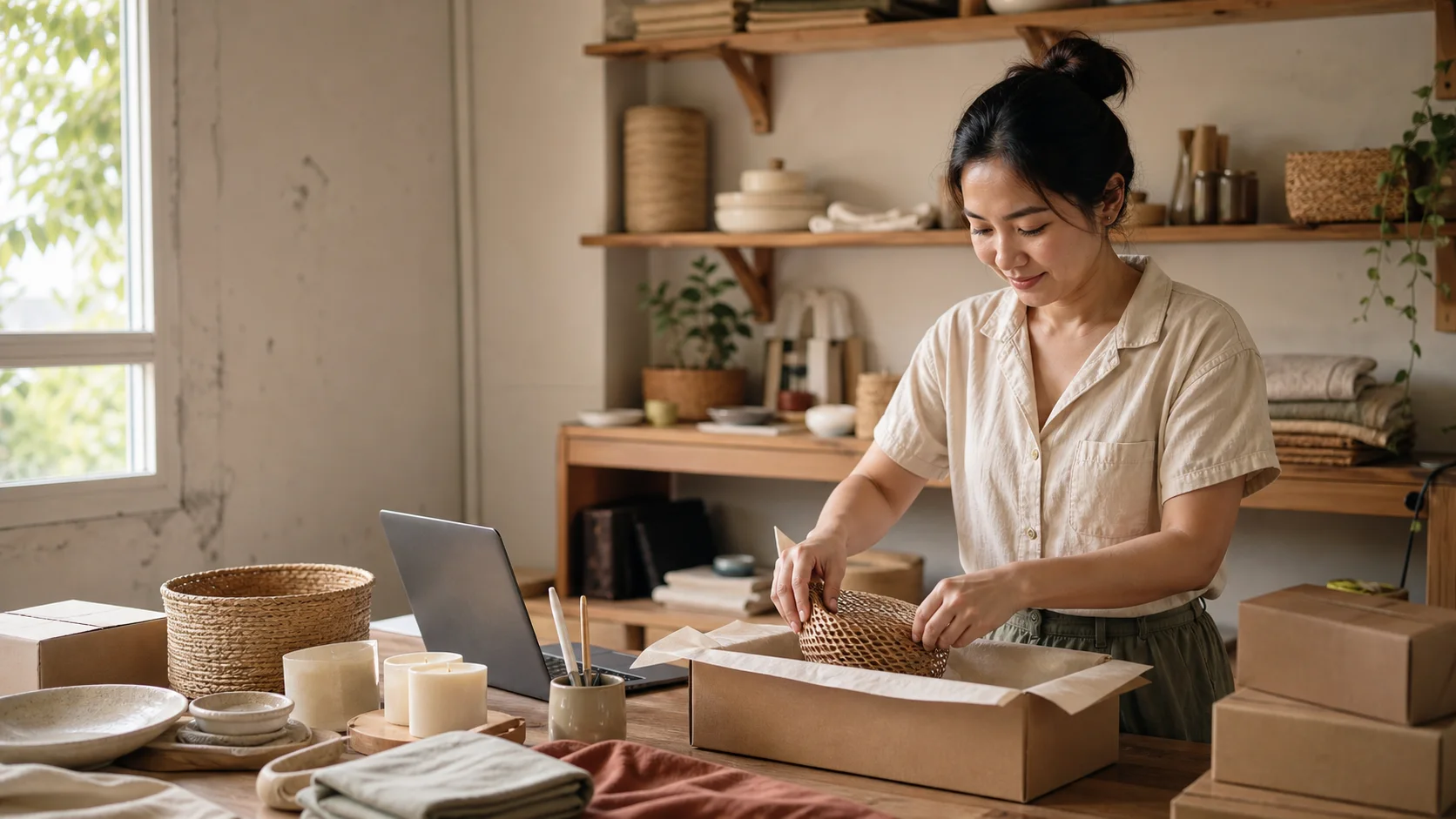 The fictional owner of Baan Nuan Living packing a direct website order in a warm studio