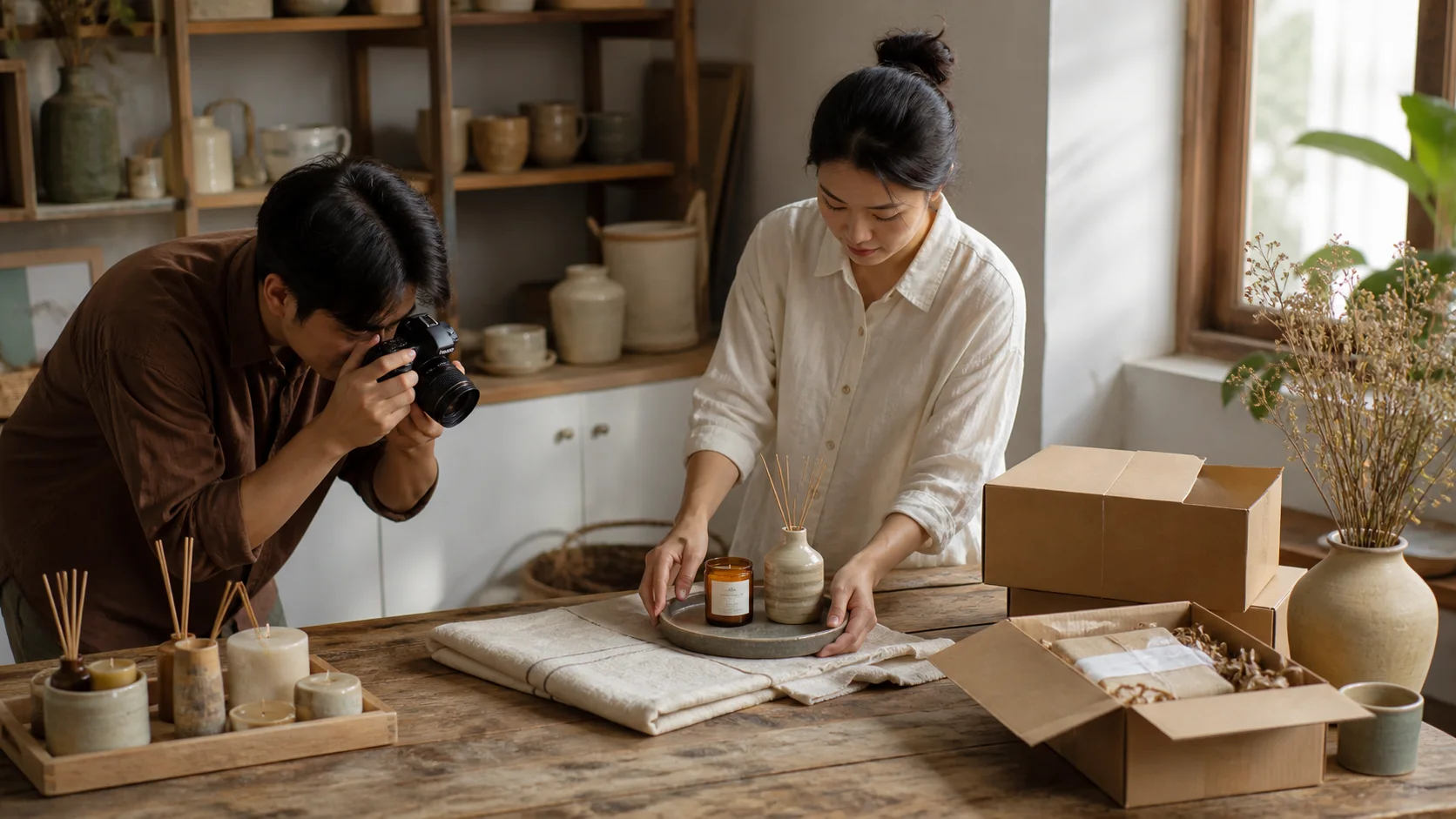 虚构的 Baan Nuan 生活用品团队，正在为自家线上目录准备家居用品