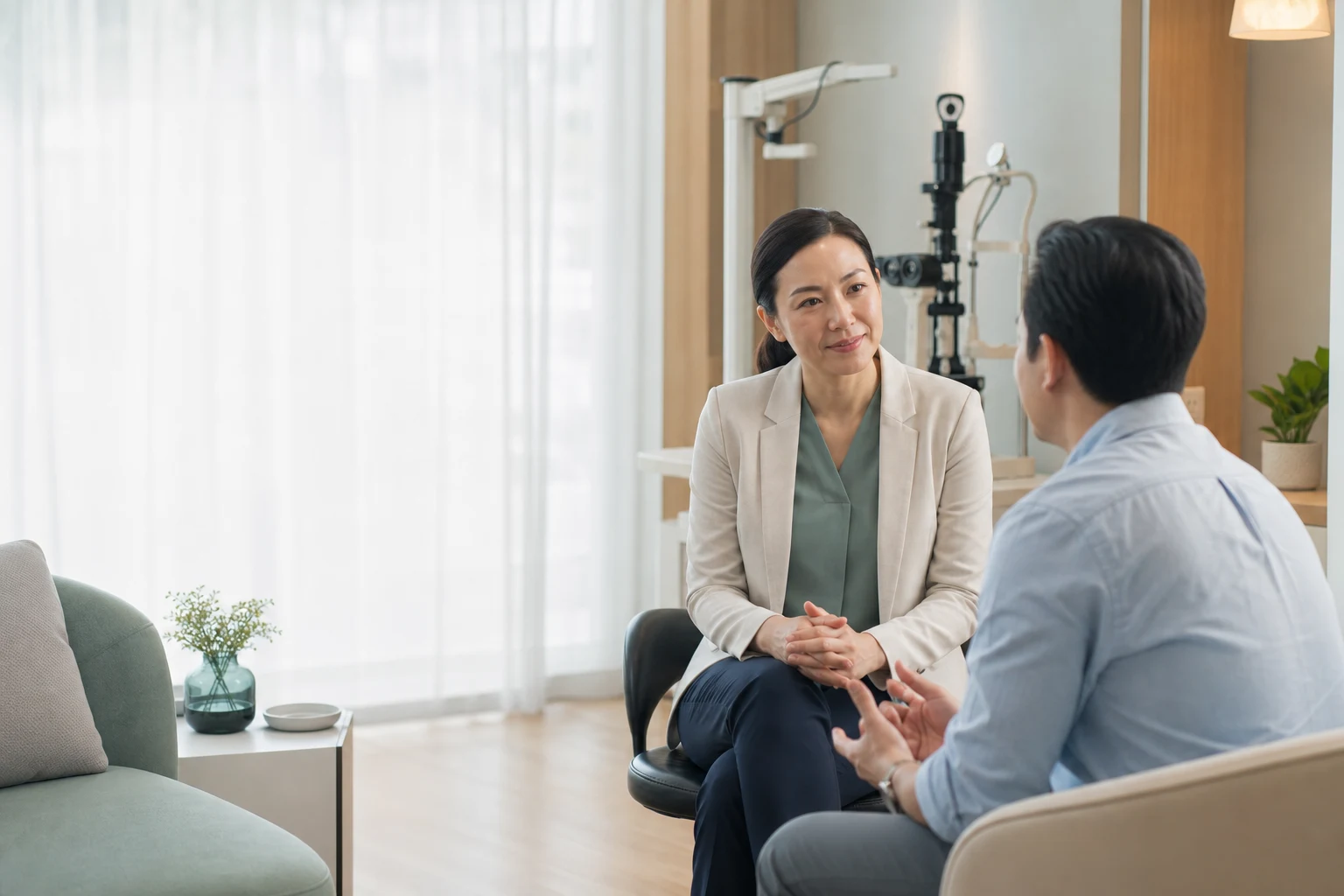 A clinician at the fictional Sawasdee Vision Clinic listening to an adult visitor in a bright consultation room