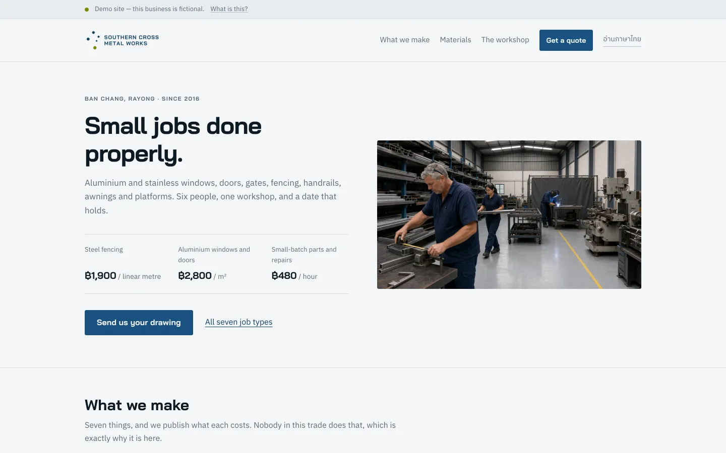 Southern Cross Metal Works demo site — a metal fabrication workshop homepage with per-job pricing