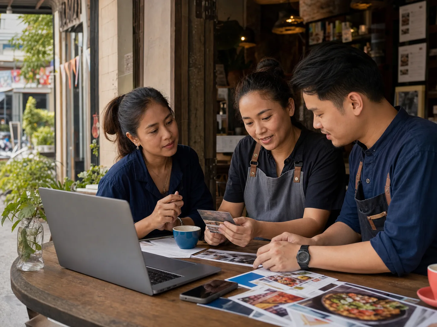 Small organization owners preparing website materials together