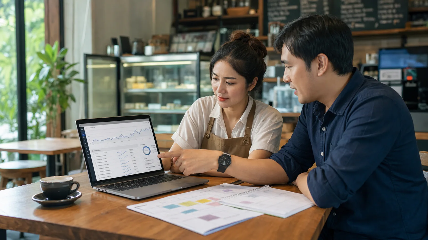 A small business owner and SEO consultant review search trends and a content plan