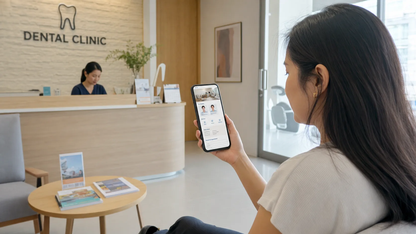 A dental patient reviews practitioner information and an appointment page in the clinic reception area