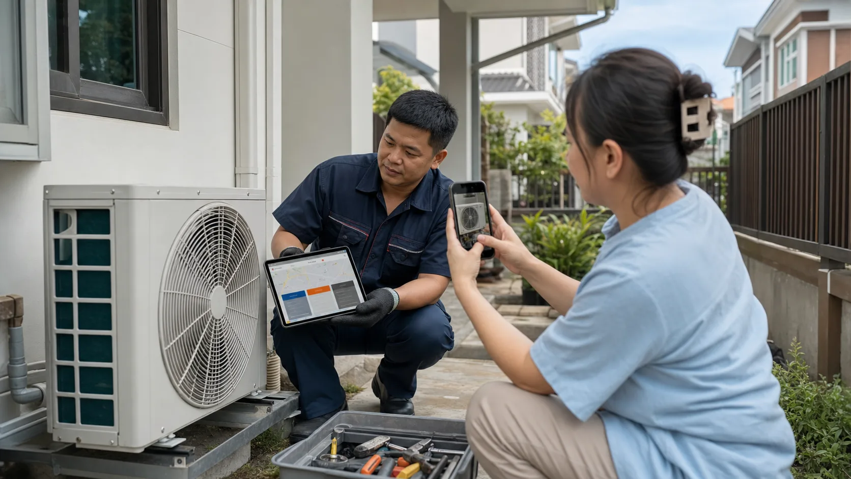 A homeowner sends an air-conditioner photo through a quote form while a technician reviews service coverage