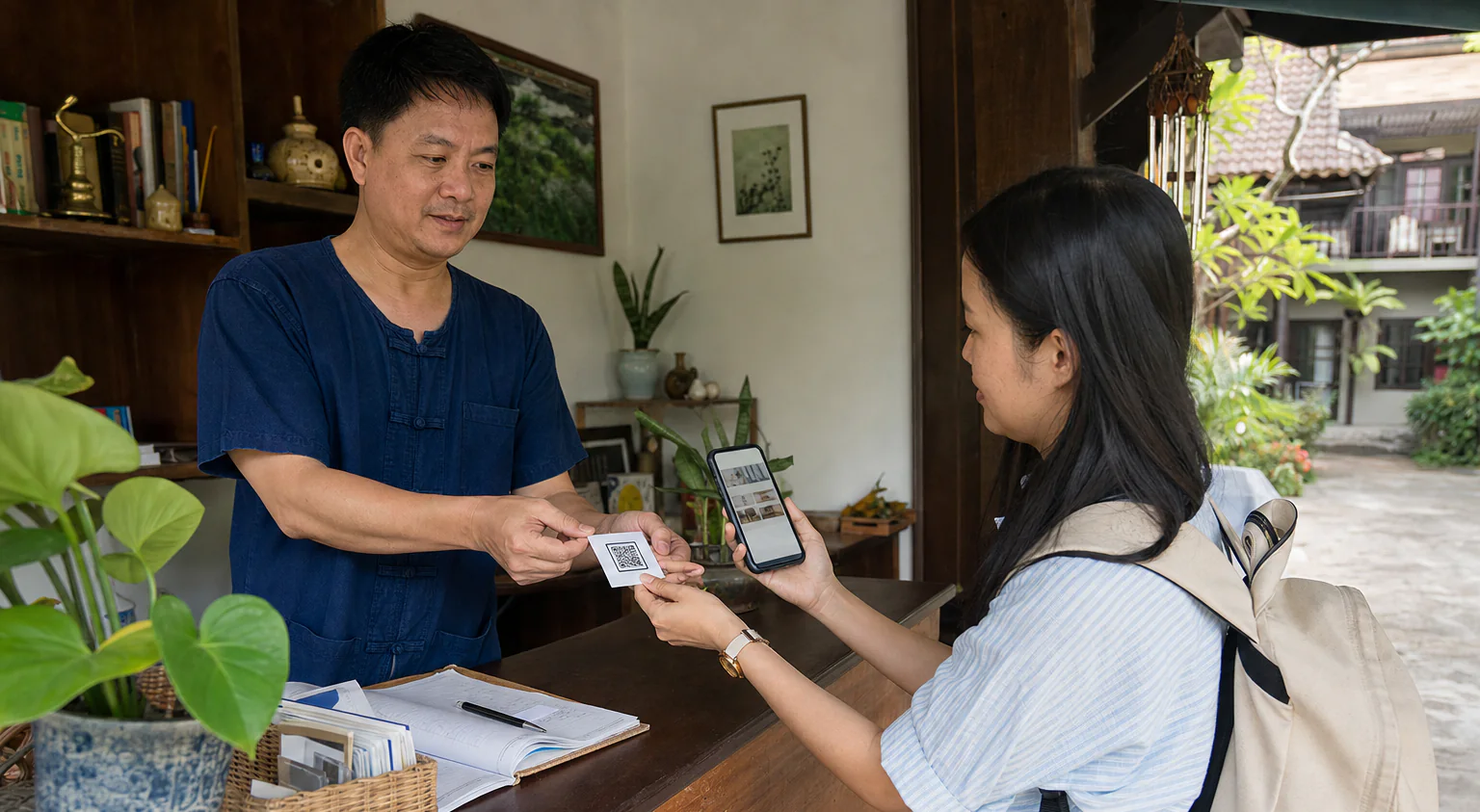 A guest scans a direct-booking QR card handed over by a Thai guesthouse owner at checkout