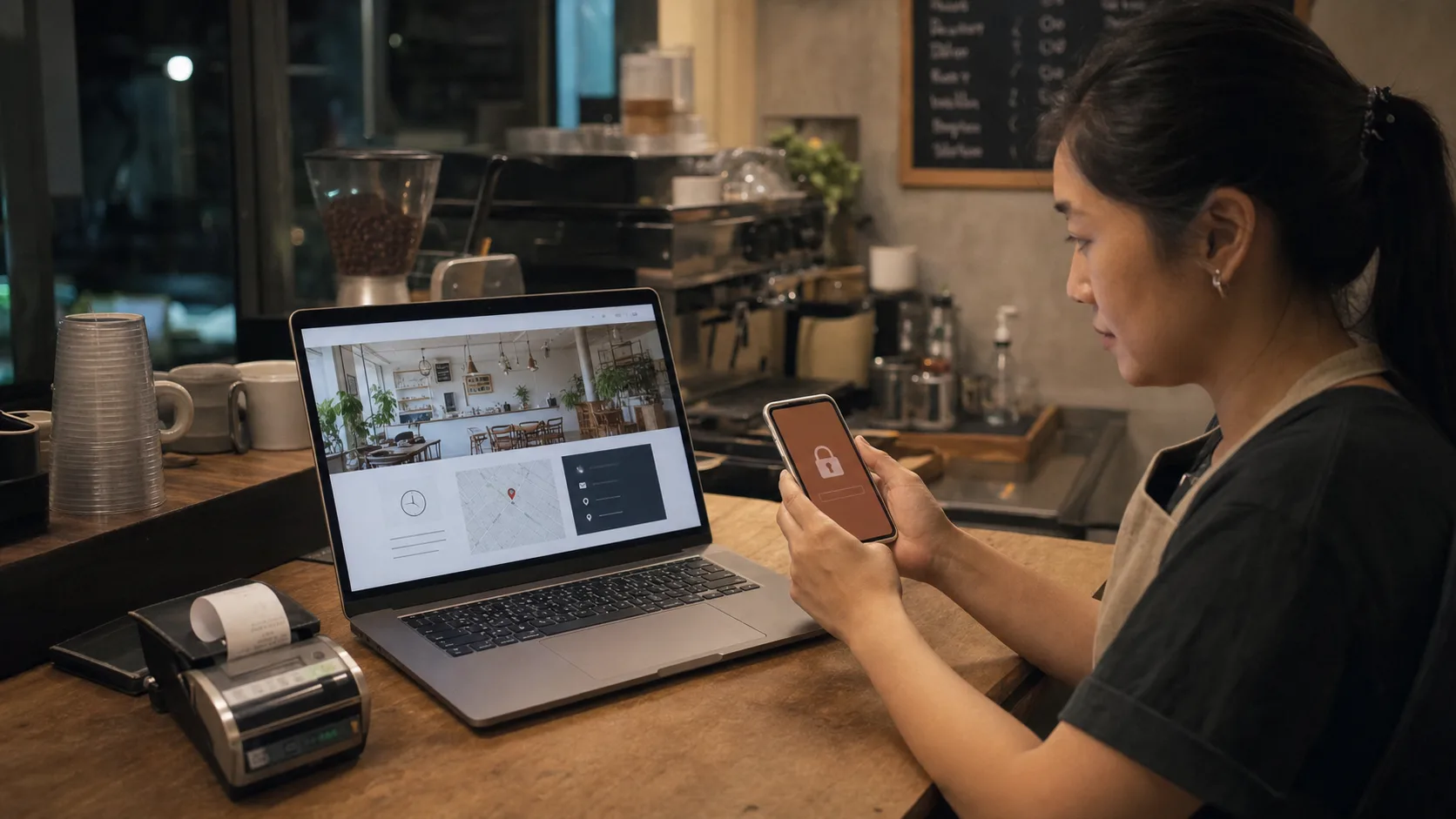 A cafe owner sees a locked account on her phone while the independent website remains available on her laptop