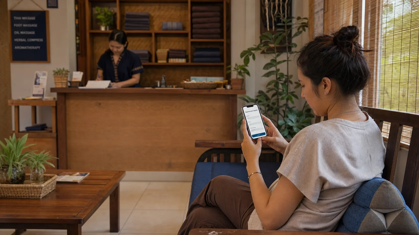 A customer completes a private appointment form on her phone in a small Thai massage shop