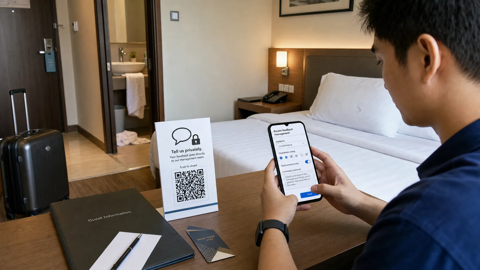 A newly arrived hotel guest reports missed housekeeping through a publicly displayed private-feedback QR form