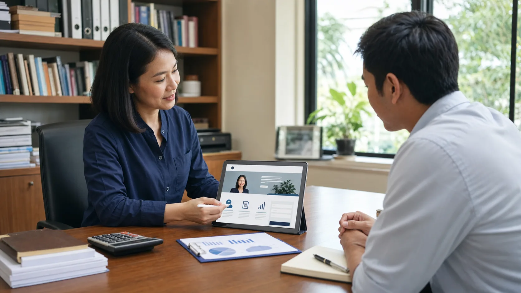 An accountant and prospective client review a professional services website before their first meeting