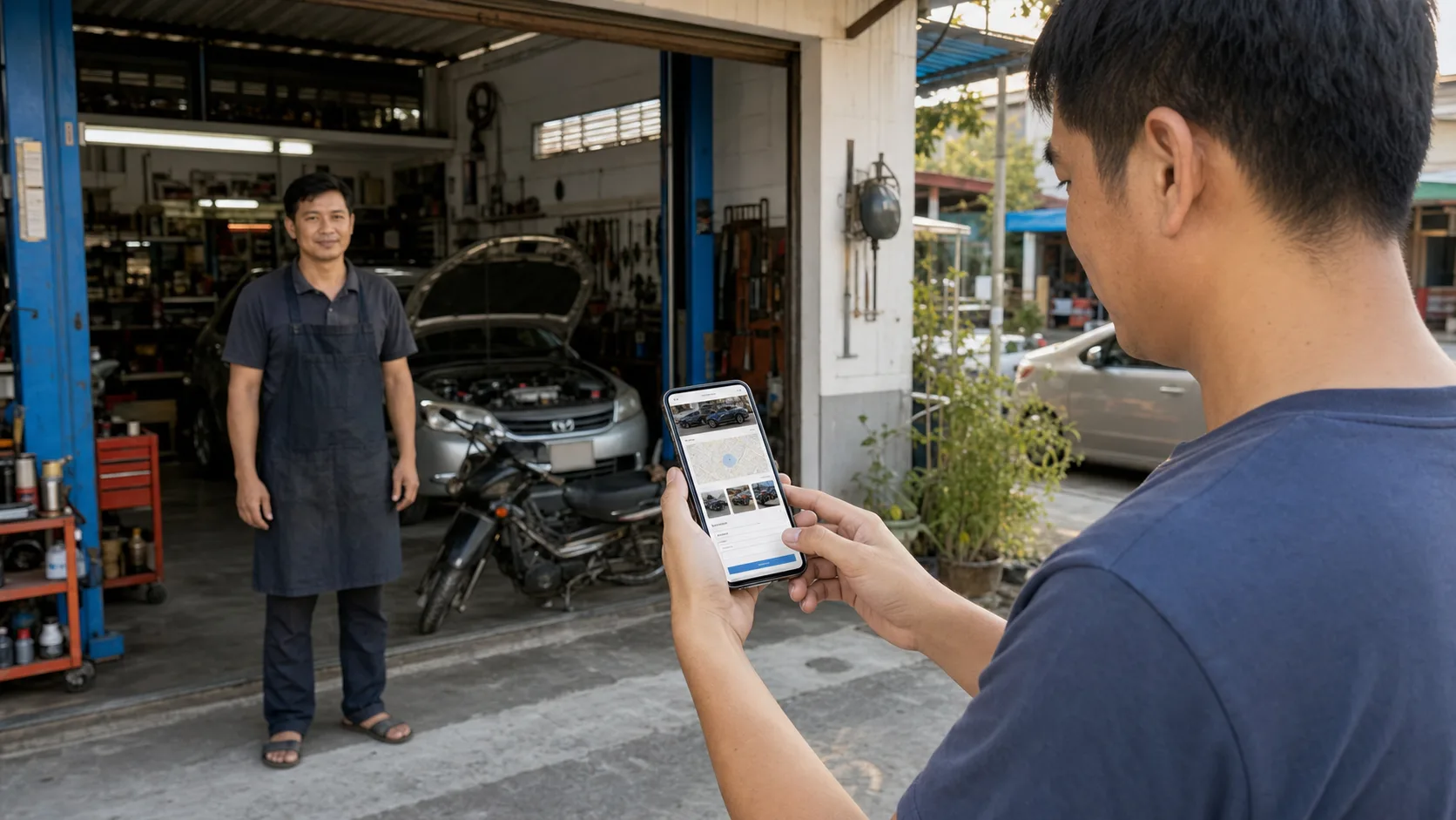 A nearby customer reviews a repair shop website before sending a quote request