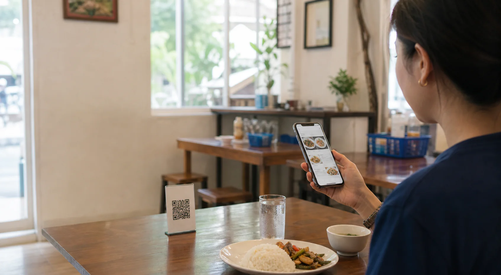 A customer viewing a digital menu after scanning a table QR code in a Thai restaurant