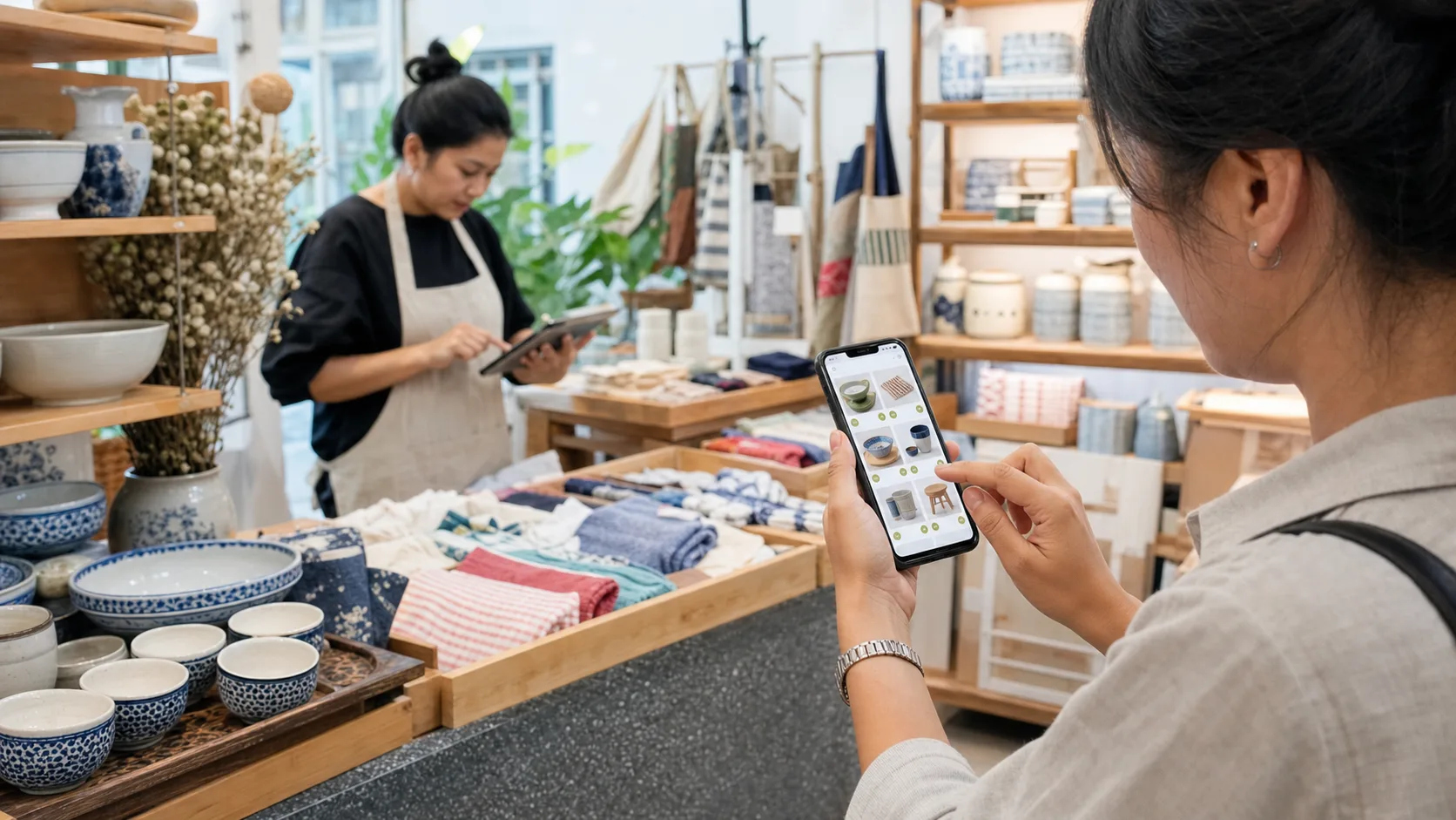 A customer browses a live product catalog while the shop owner updates stock on a tablet