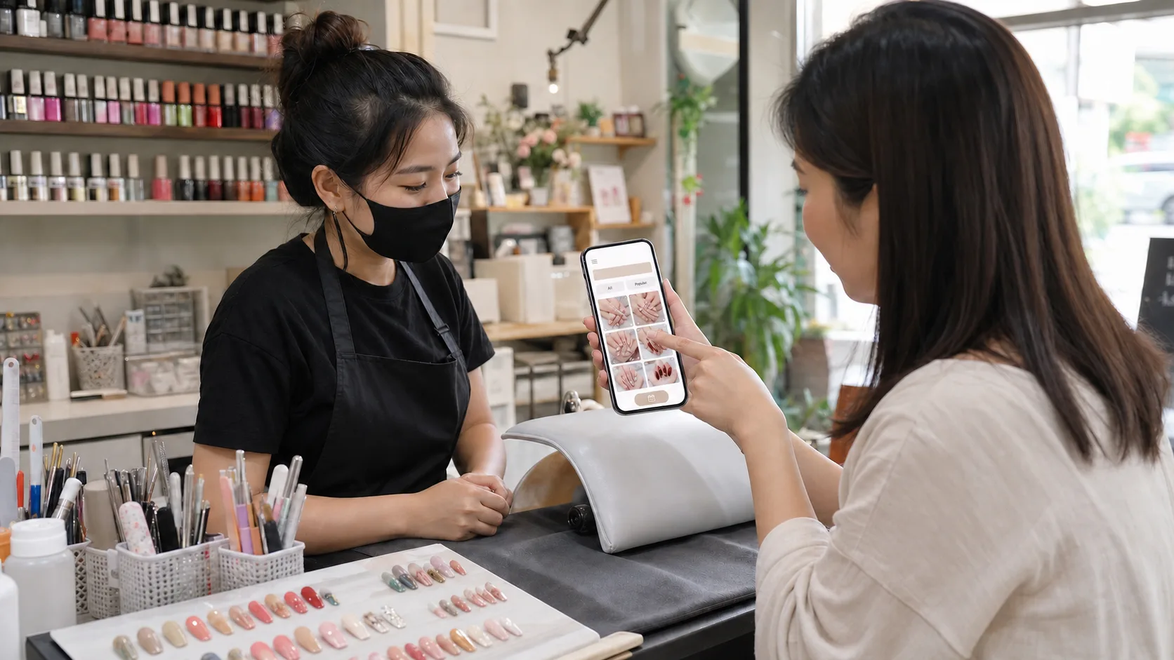A salon customer and nail technician choose a style from an organized online portfolio