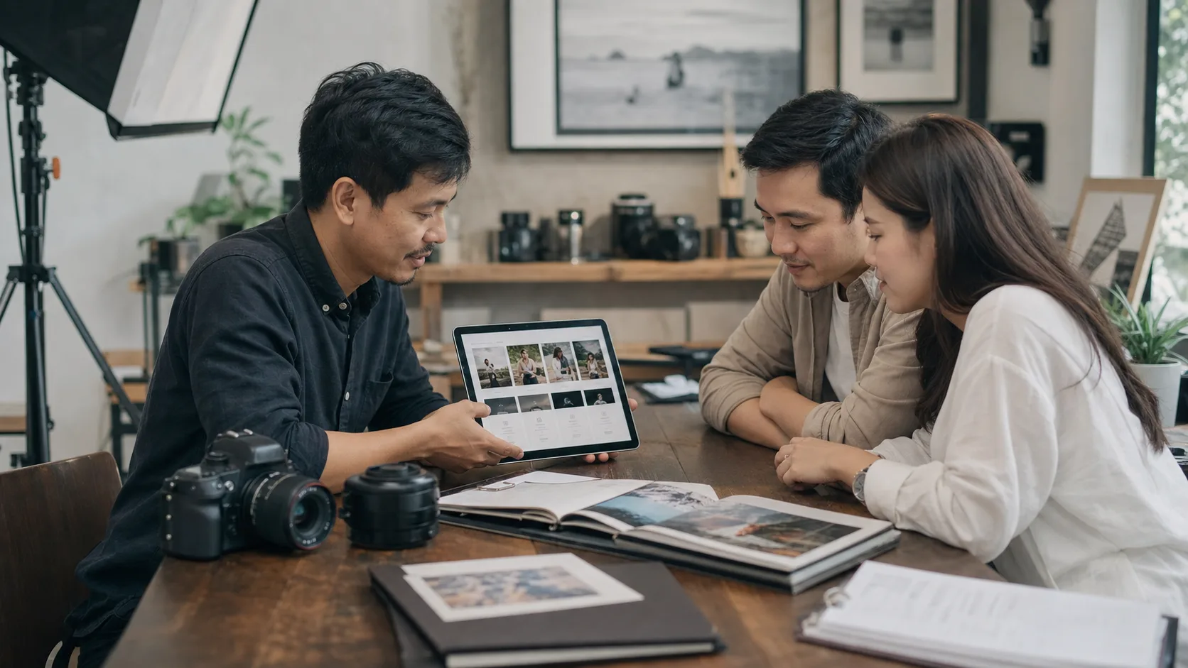 A photographer presents an online portfolio and packages to a couple in a small studio
