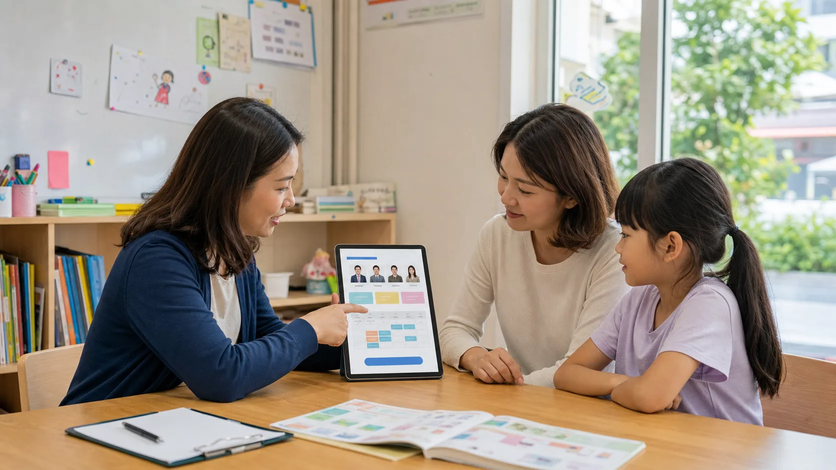 A parent and child review teachers, courses and schedules with a tutoring center